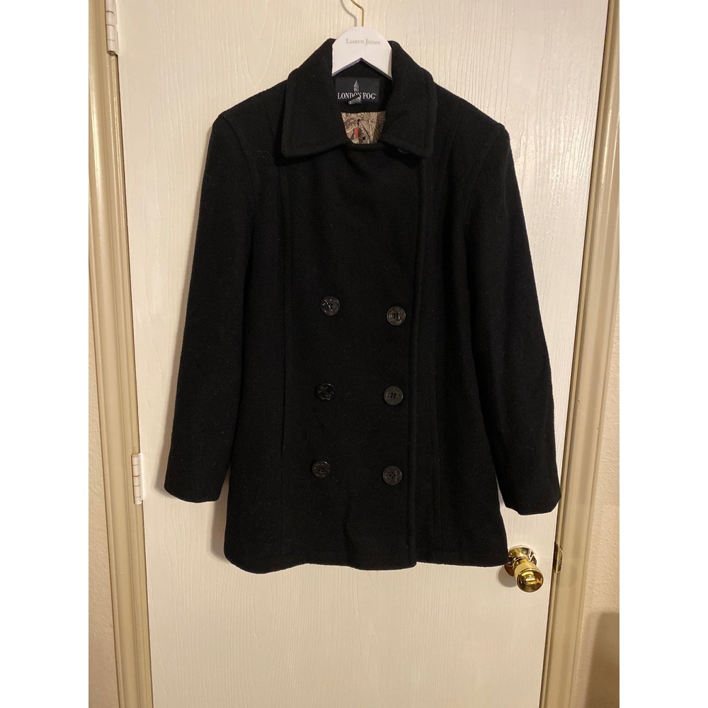 London Fog Womens Black Wool Pea Coat Double Breasted Anchor Buttons Size 4